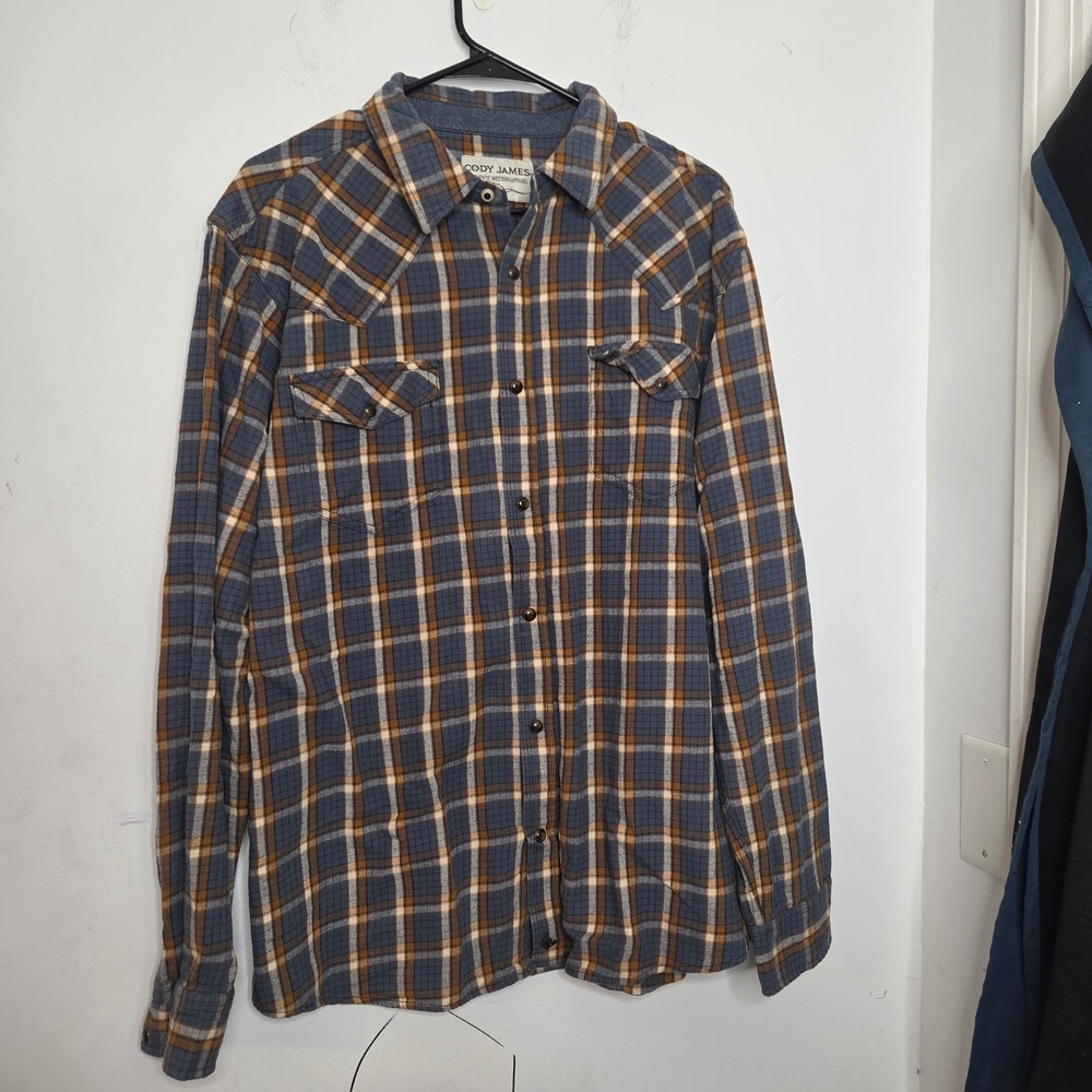 Cody James Mens XL Western Plaid Snap Front Long Sleeve Shirt Blue Tan Cowboy
